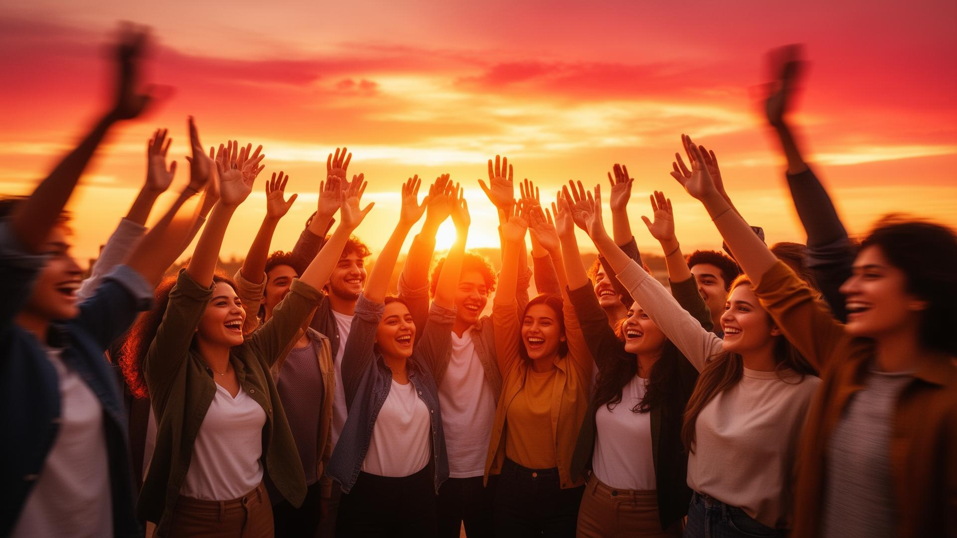 Jóvenes celebrando juntos al atardecer